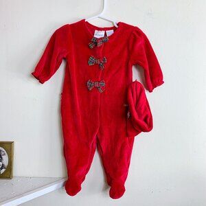 DEADSTOCK  2000s Red Velour Infant Girls Christmas Romper w/Hat 3-6 months